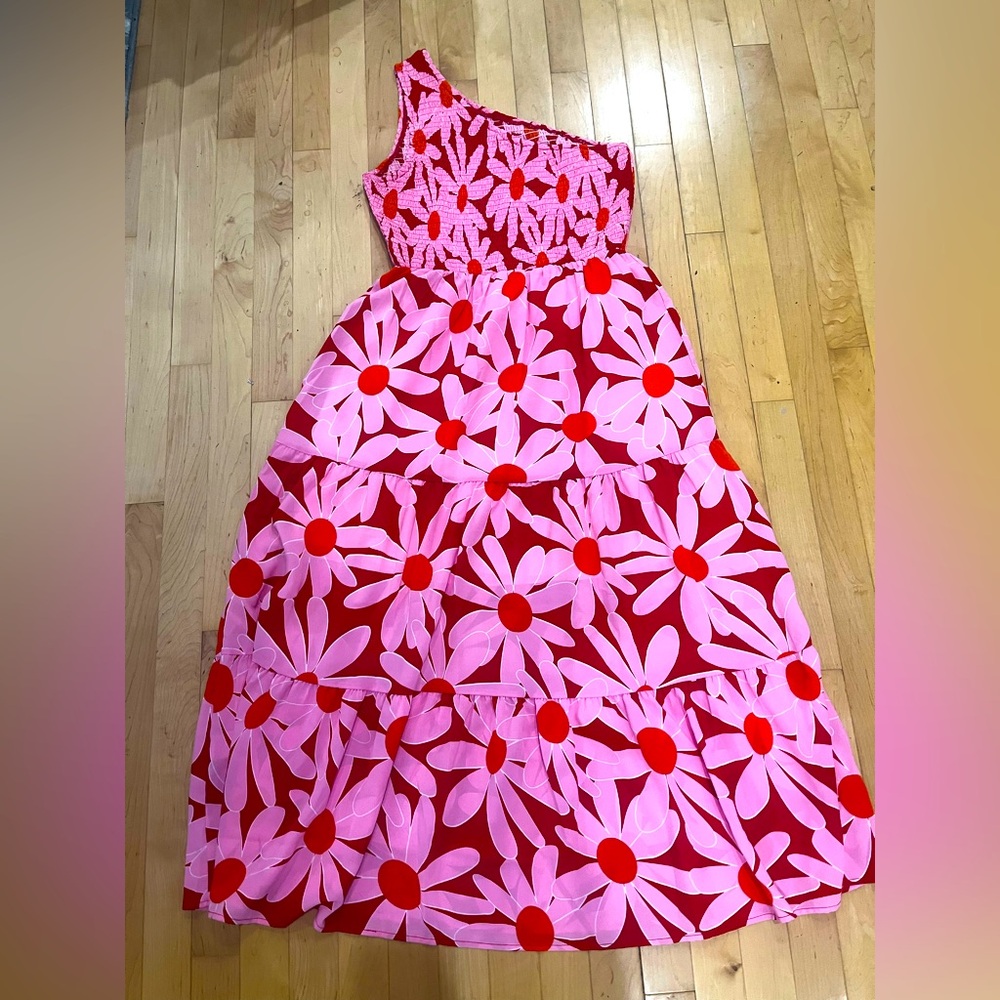 Pink, Red, and Orange One Shoulder Floral Maxi Dress